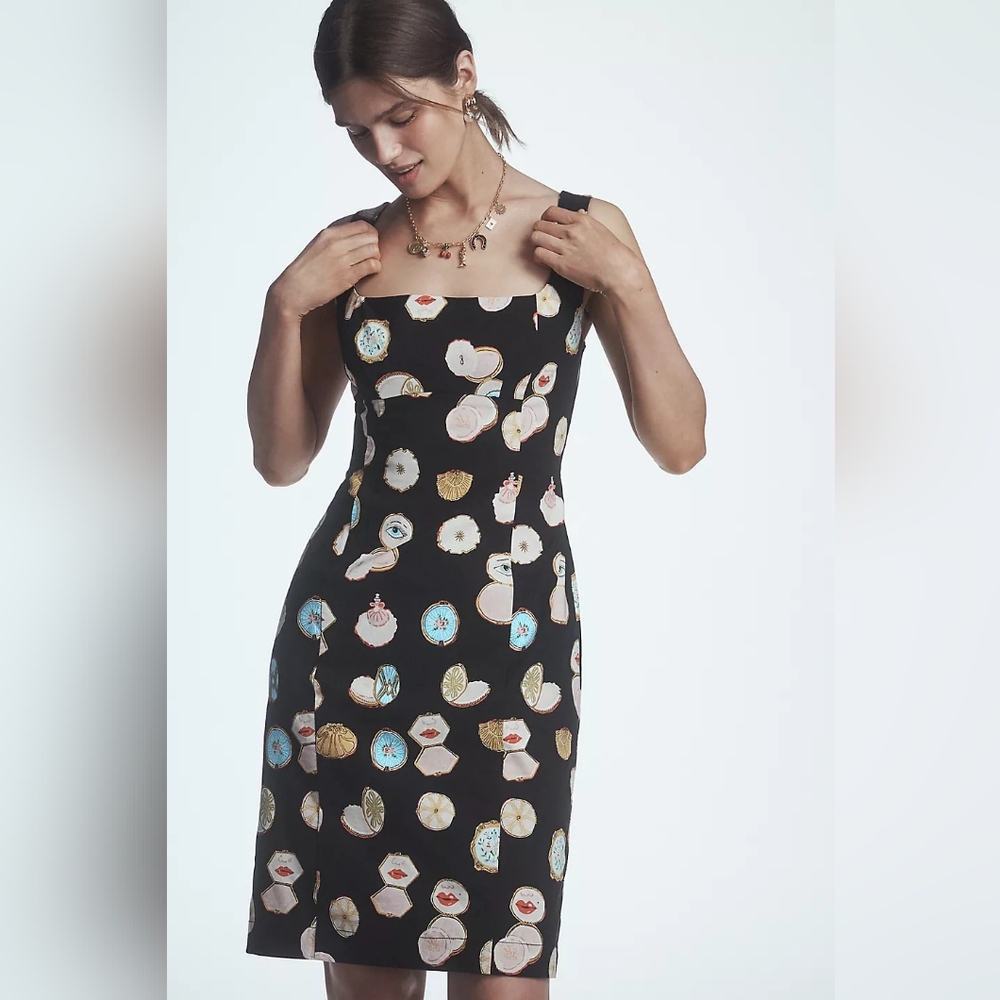Anthropologie Black Mini Dress with Multicolor Cosmetic Print